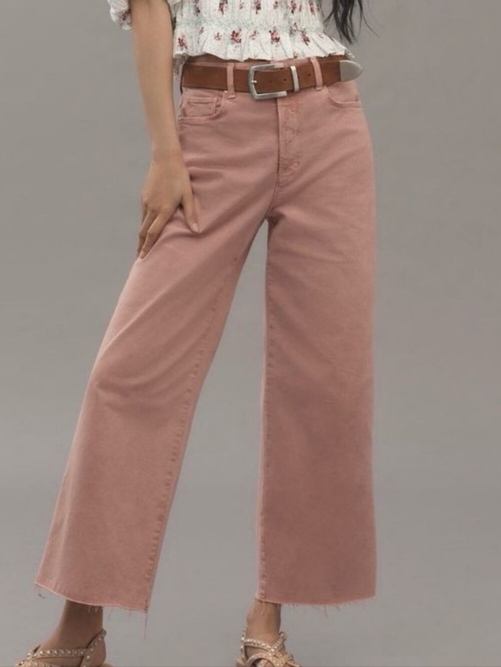Paige Anessa Wide Leg Jeans Vintage Rose Tint Pink Raw Hem High Rise Crop Sz 28